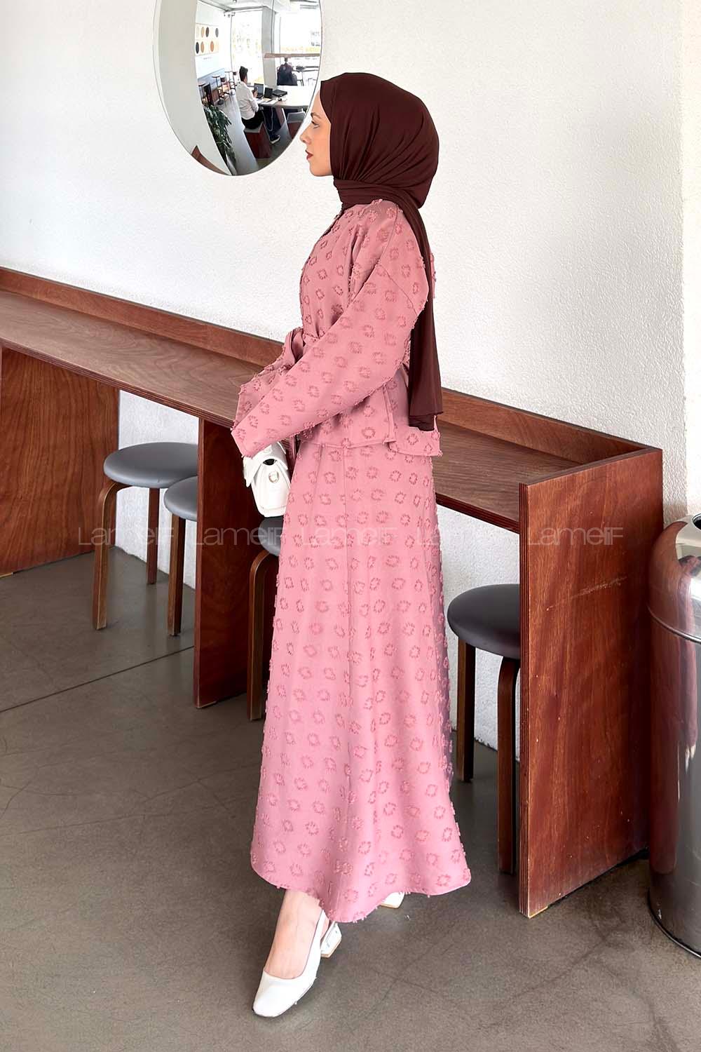 Lamelif Kabartma Nakış İşlemeli Etekli Takım Pembe