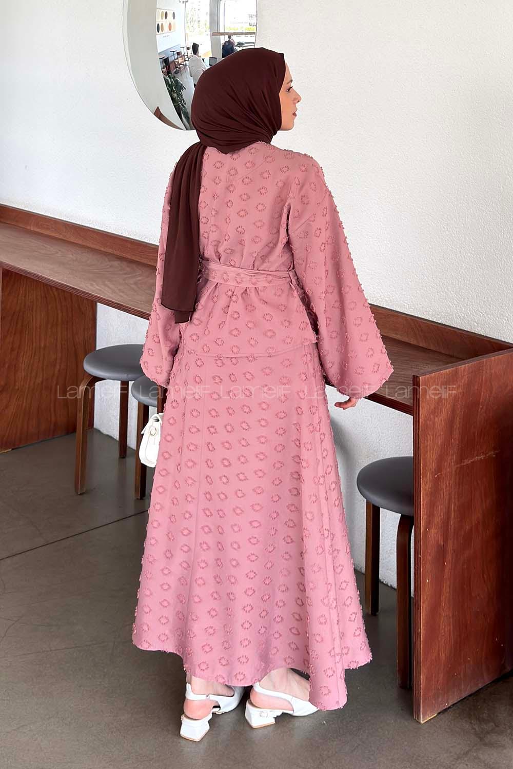 Lamelif Kabartma Nakış İşlemeli Etekli Takım Pembe