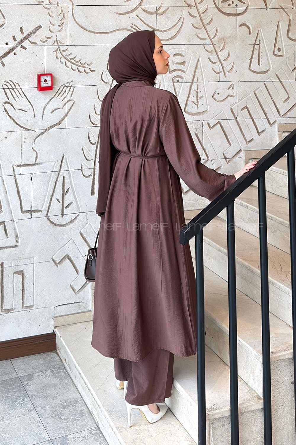 Lamelif Bağlama Detaylı Tunik-Pantolon Takım Acı Kahve