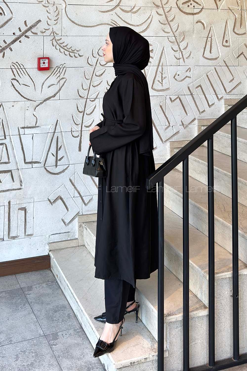 Lamelif Bağlama Detaylı Tunik-Pantolon Takım Siyah