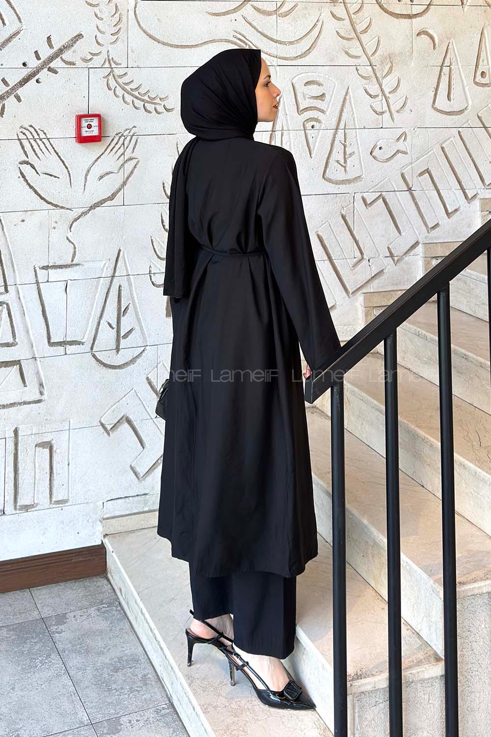 Lamelif Bağlama Detaylı Tunik-Pantolon Takım Siyah