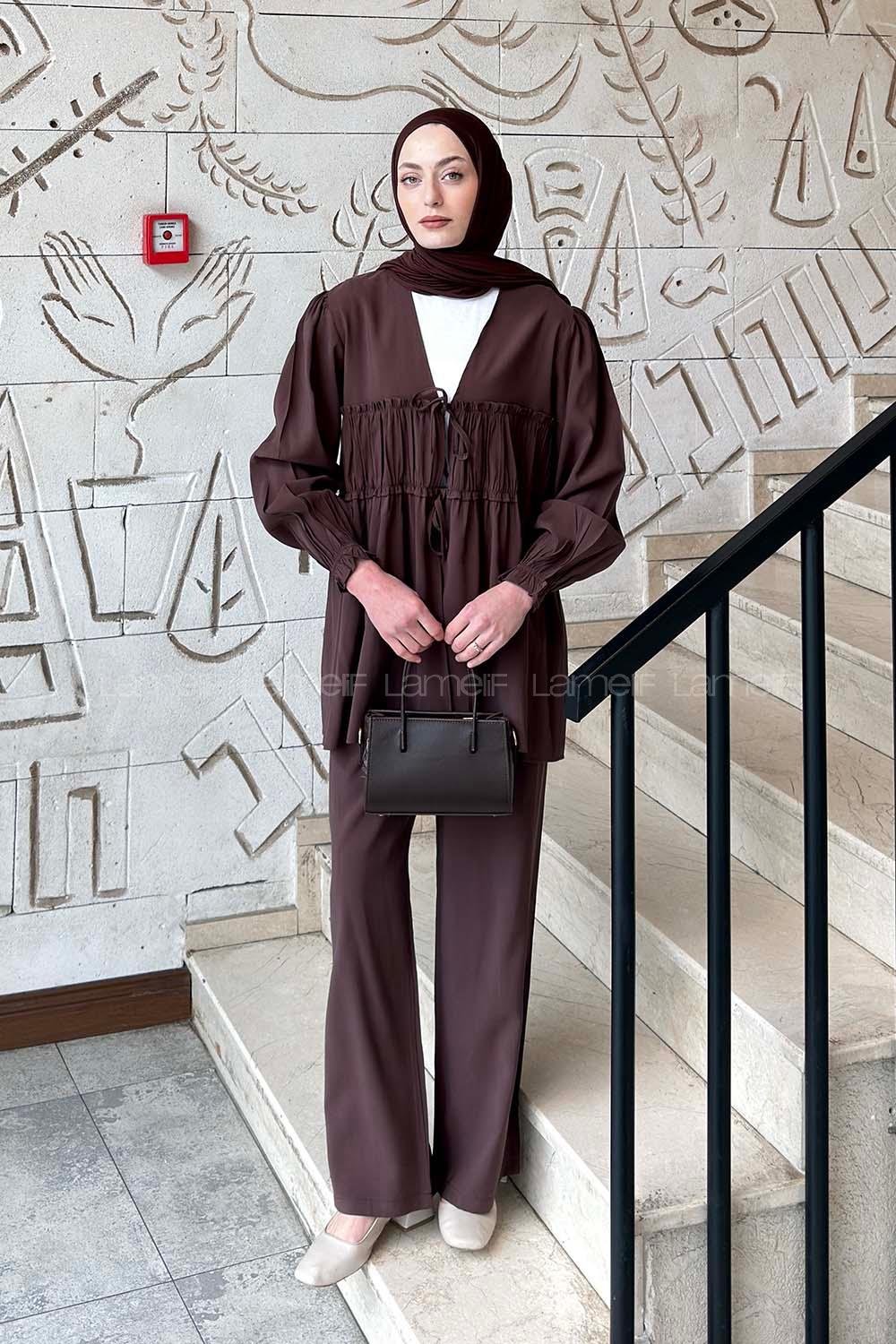 Lamelif Büzgü Detaylı Pantolonlu Takım Acı Kahve