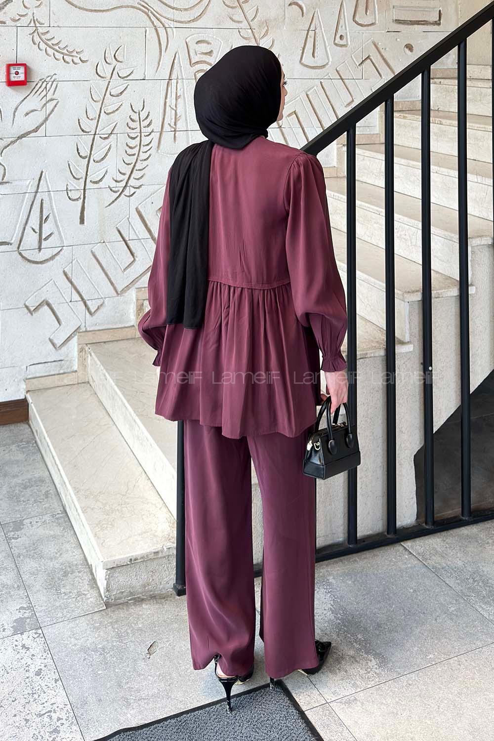 Lamelif Büzgü Detaylı Pantolonlu Takım Mürdüm
