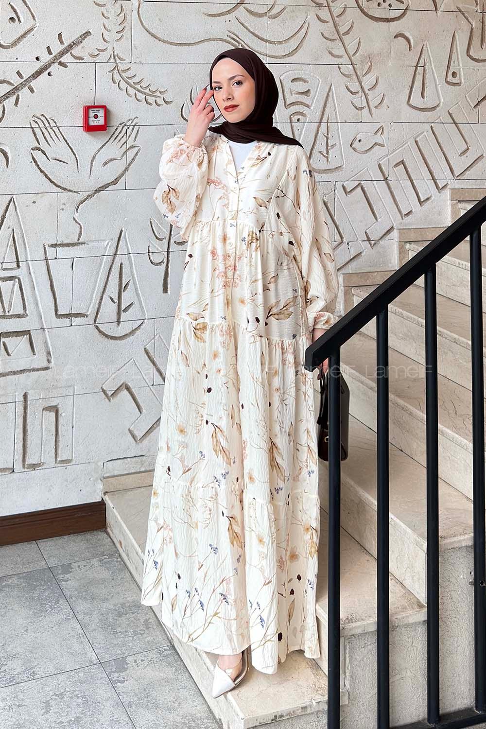 Lamelif Çiçek Desenli Elbise Krem