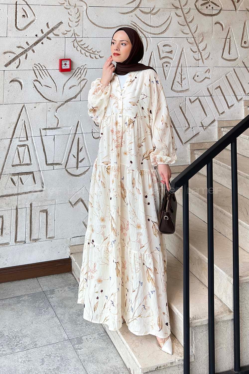 Lamelif Çiçek Desenli Elbise Krem