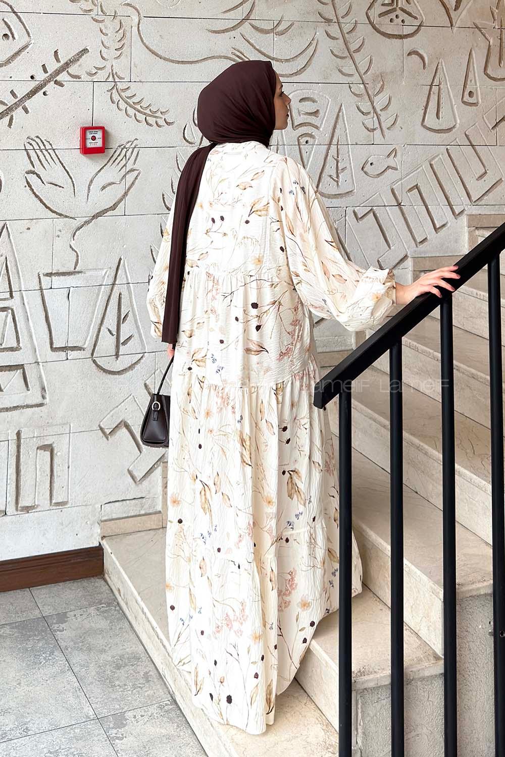 Lamelif Çiçek Desenli Elbise Krem
