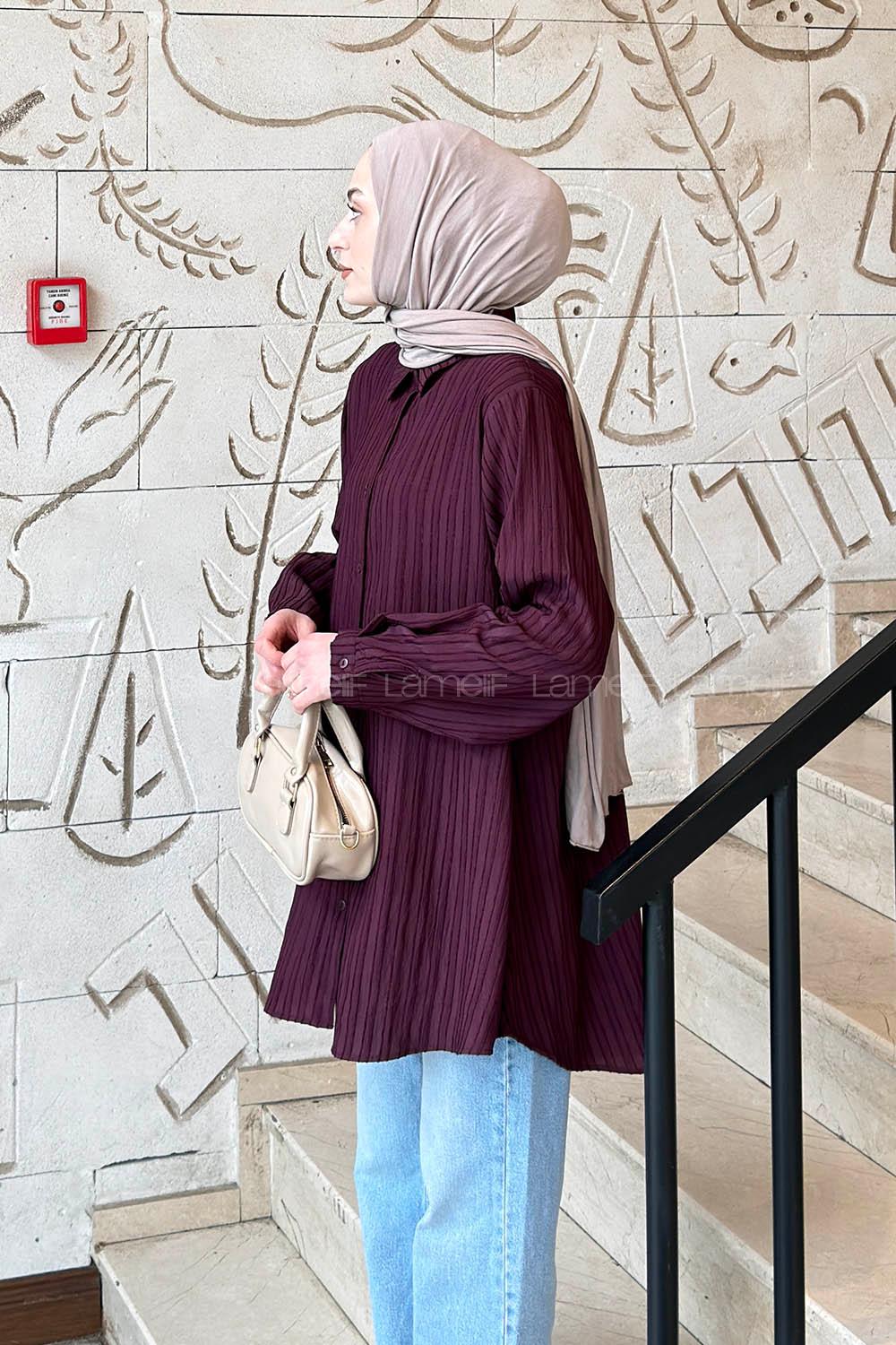 Lamelif Çizgi Geçişli Tesettür Gömlek Mürdüm