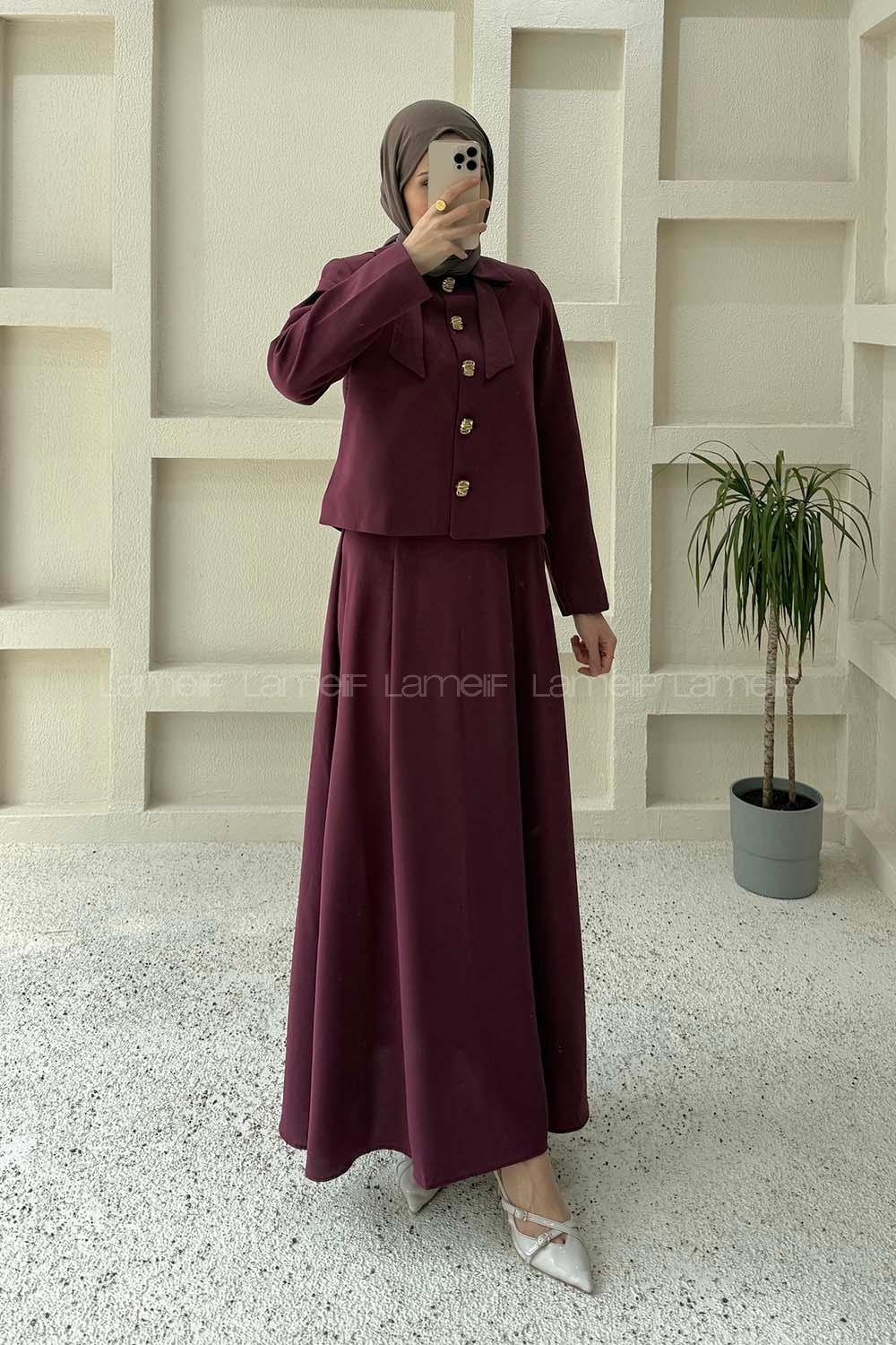 Lamelif Fiyonk Görünümlü Çift Yaka Takım Mürdüm
