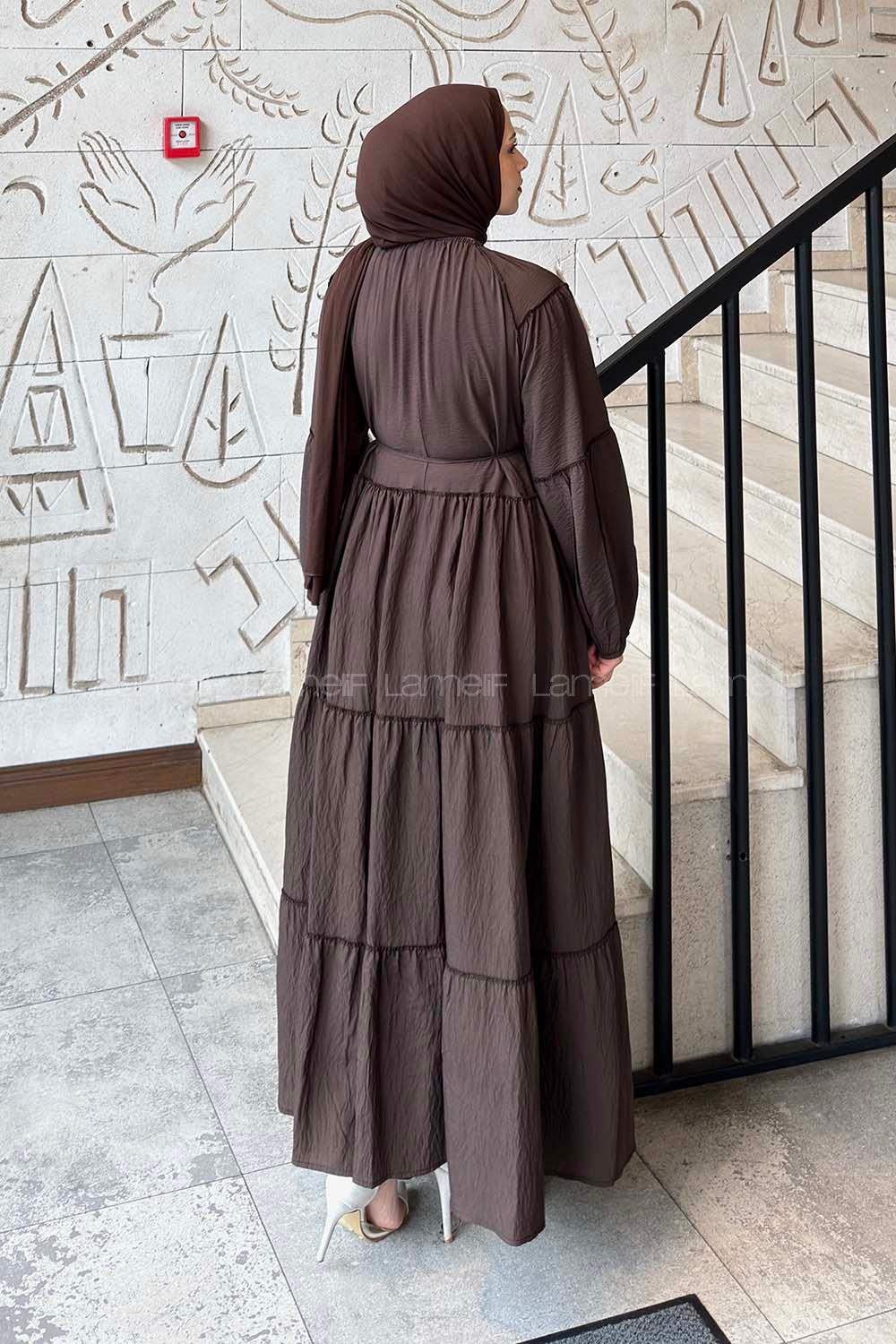 Lamelif Kat Detaylı Bağlamalı Elbise Acı Kahve
