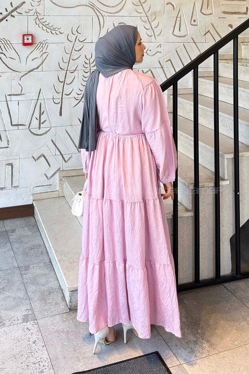 Lamelif Kat Detaylı Bağlamalı Elbise Pembe