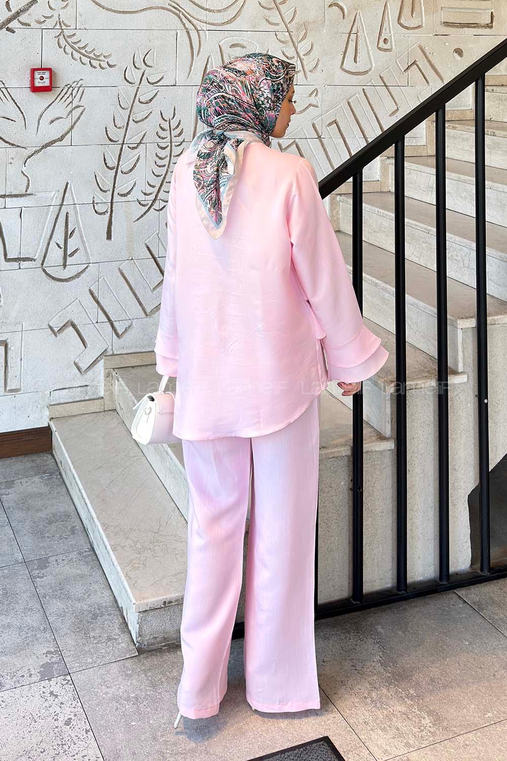 Lamelif Kat Detaylı Pantolonlu Takım Pembe