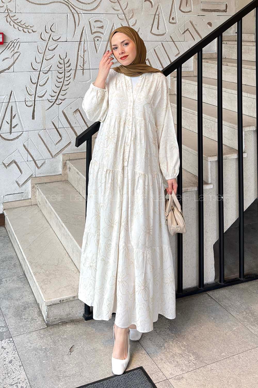 Lamelif Katleya Model İşlemeli Elbise Ekru