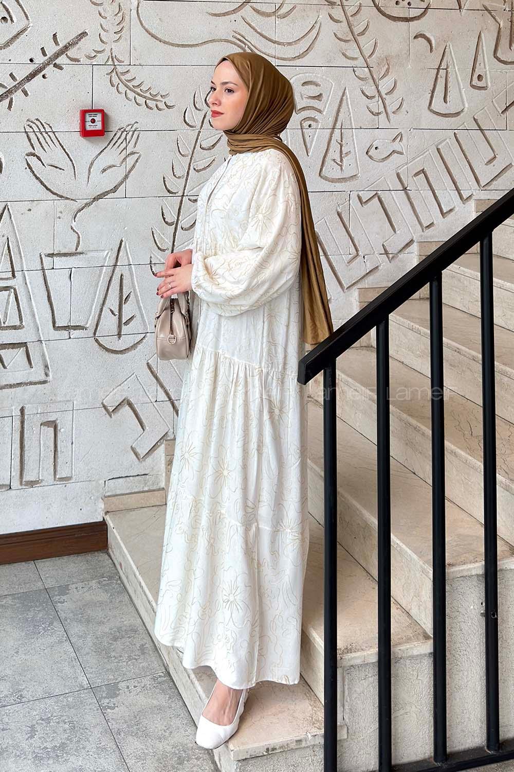 Lamelif Katleya Model İşlemeli Elbise Ekru