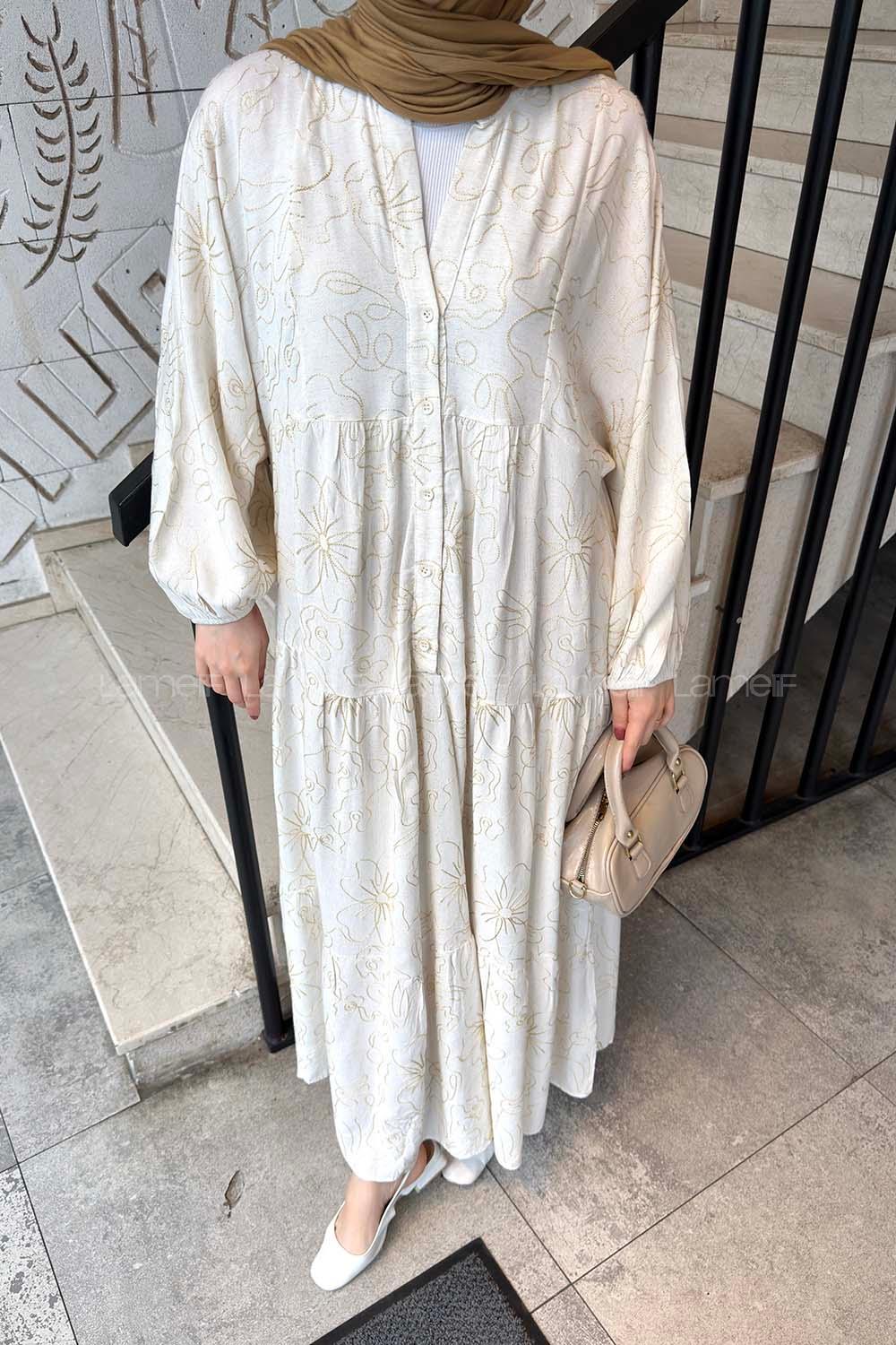 Lamelif Katleya Model İşlemeli Elbise Ekru