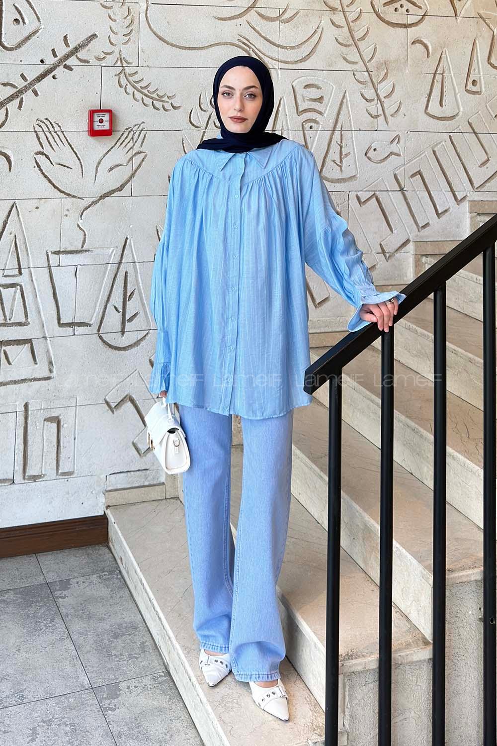 Lamelif Kolları Fırfırlı Tesettür Gömlek Bebe Mavisi
