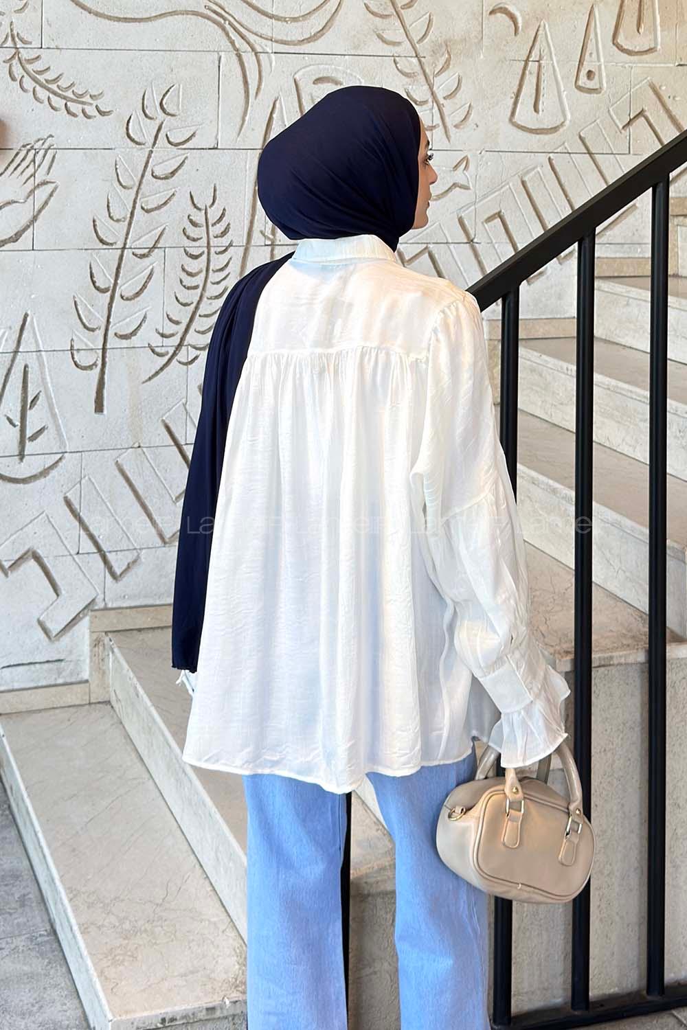 Lamelif Kolları Fırfırlı Tesettür Gömlek Ekru