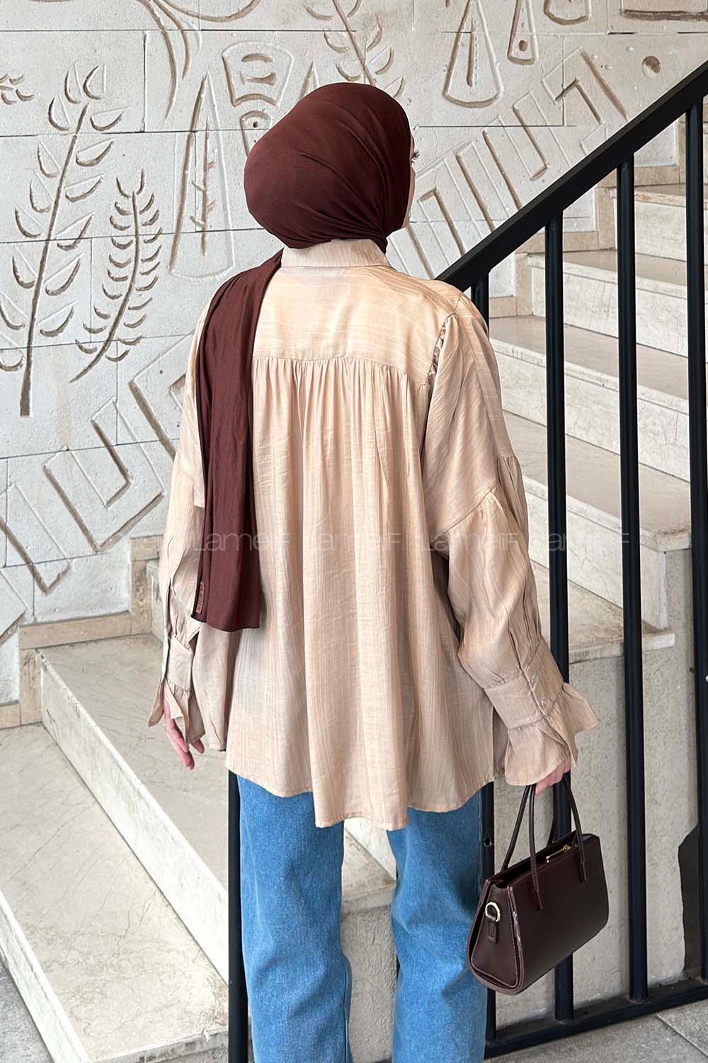 Lamelif Kolları Fırfırlı Tesettür Gömlek Vizonrengi
