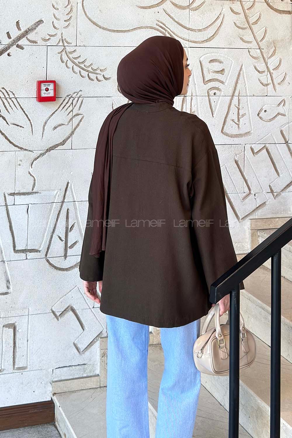 Lamelif Milano Keten Yakası Bağlamalı Gömlek Acı Kahve
