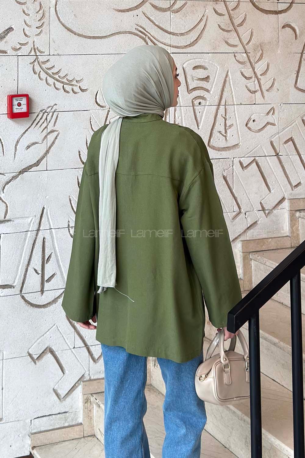 Lamelif Milano Keten Yakası Bağlamalı Gömlek Haki
