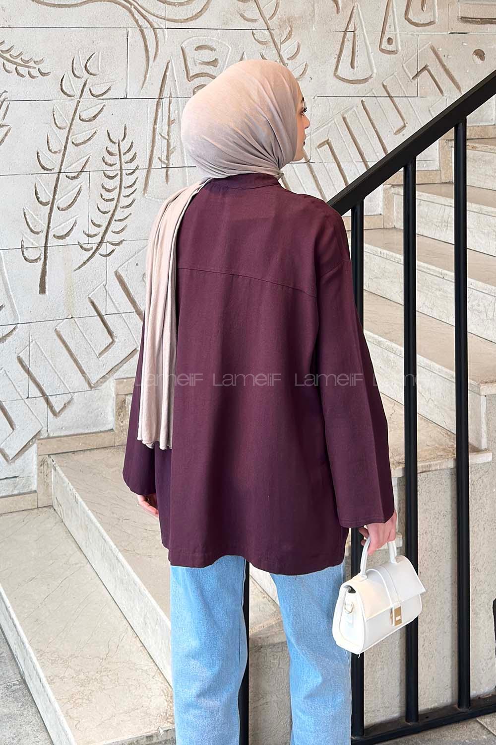 Lamelif Milano Keten Yakası Bağlamalı Gömlek Mürdüm