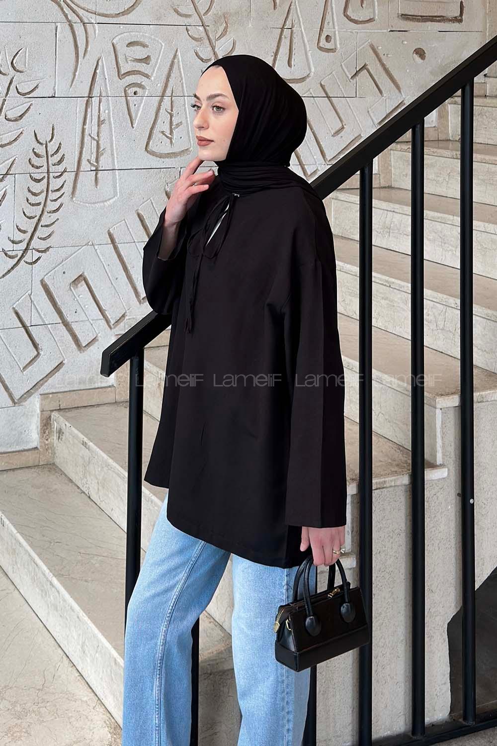Lamelif Milano Keten Yakası Bağlamalı Gömlek Siyah