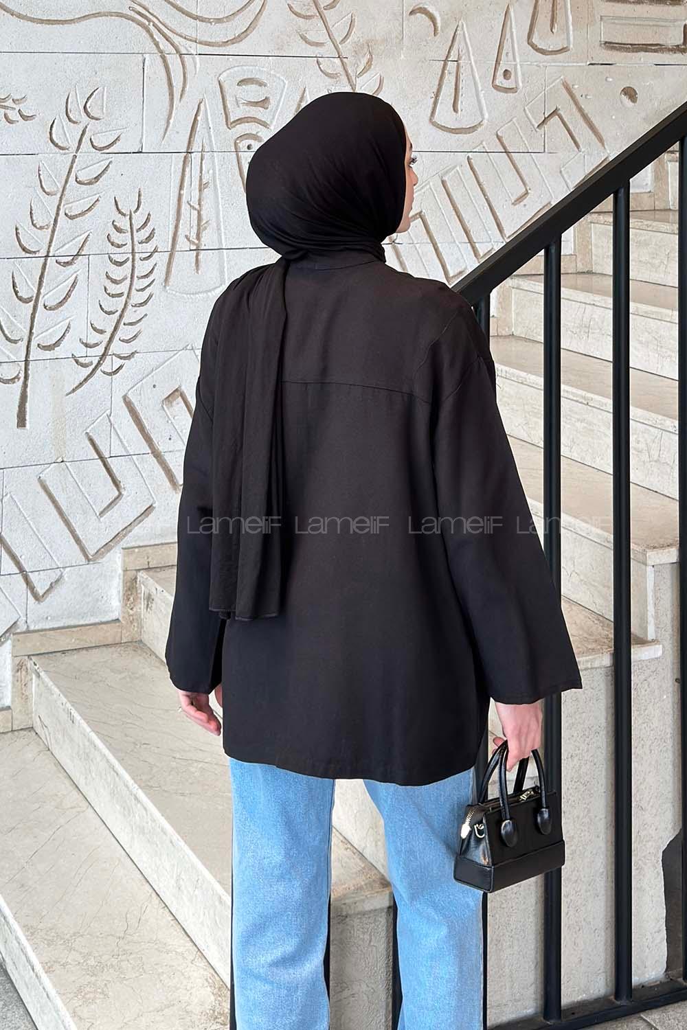 Lamelif Milano Keten Yakası Bağlamalı Gömlek Siyah