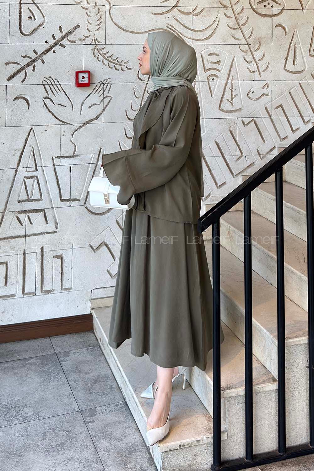 Lamelif Tensel Fırfırlı Tesettür Takım Haki