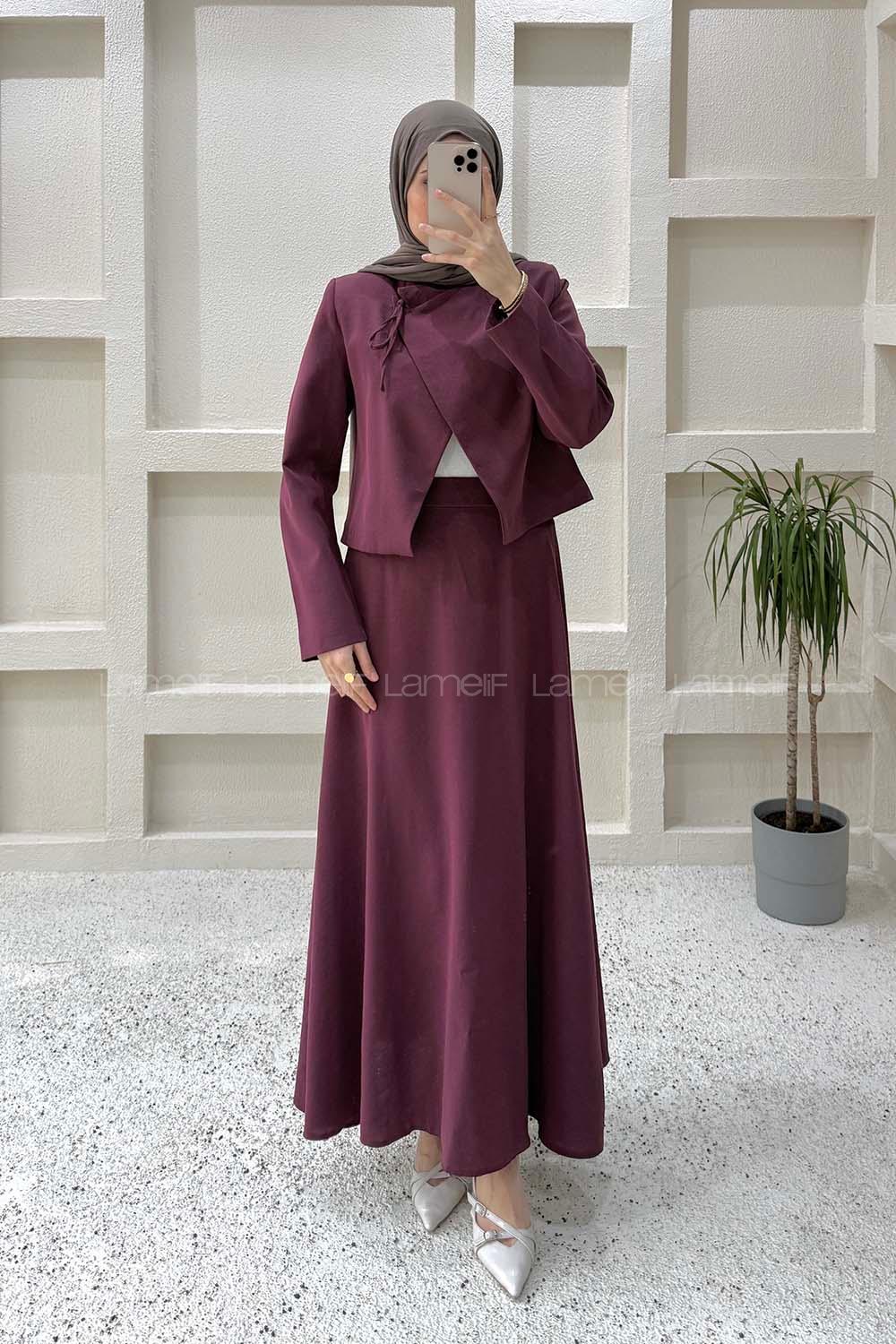 Lamelif Yaka Bağlama Detaylı Ceket-Etek Takım Mürdüm