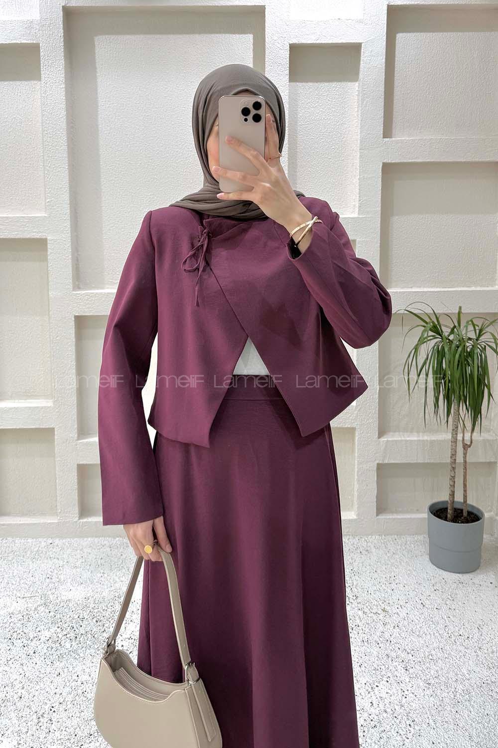Lamelif Yaka Bağlama Detaylı Ceket-Etek Takım Mürdüm