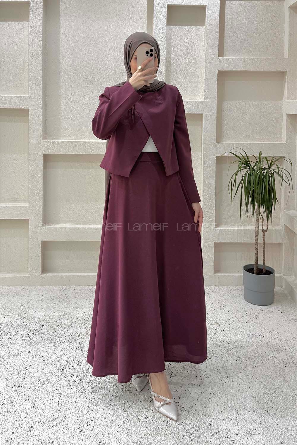 Lamelif Yaka Bağlama Detaylı Ceket-Etek Takım Mürdüm