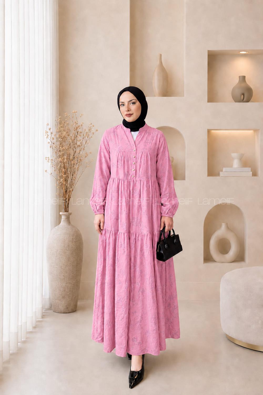 Lamelif Çiçek Desenli Gold Düğmeli Elbise Pembe