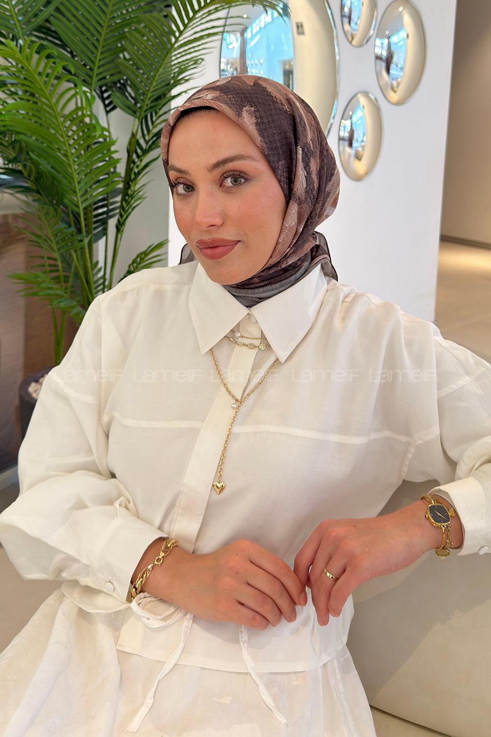 Lamelif Gül Desen Soft Eşarp Camel