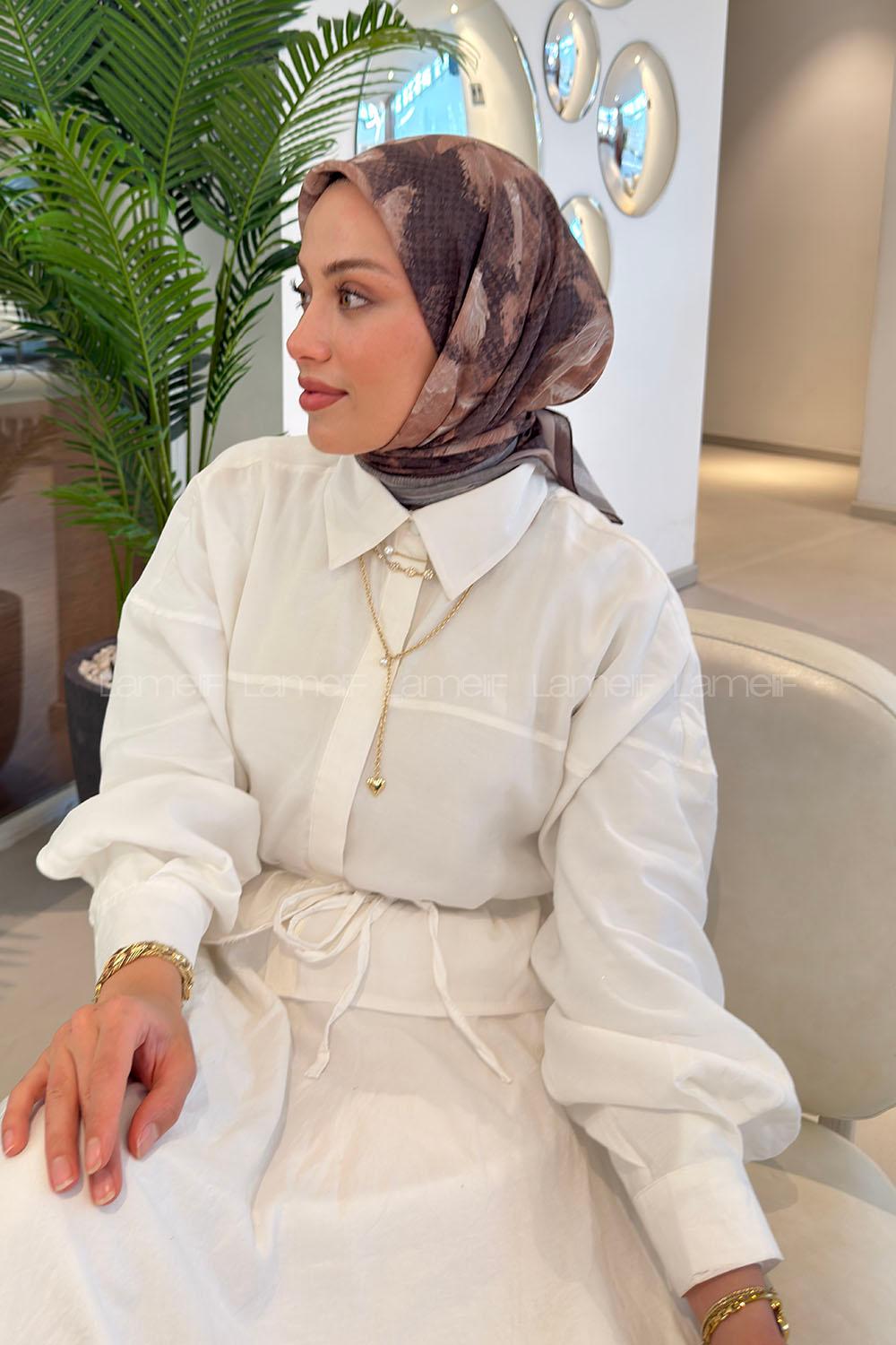 Lamelif Gül Desen Soft Eşarp Camel