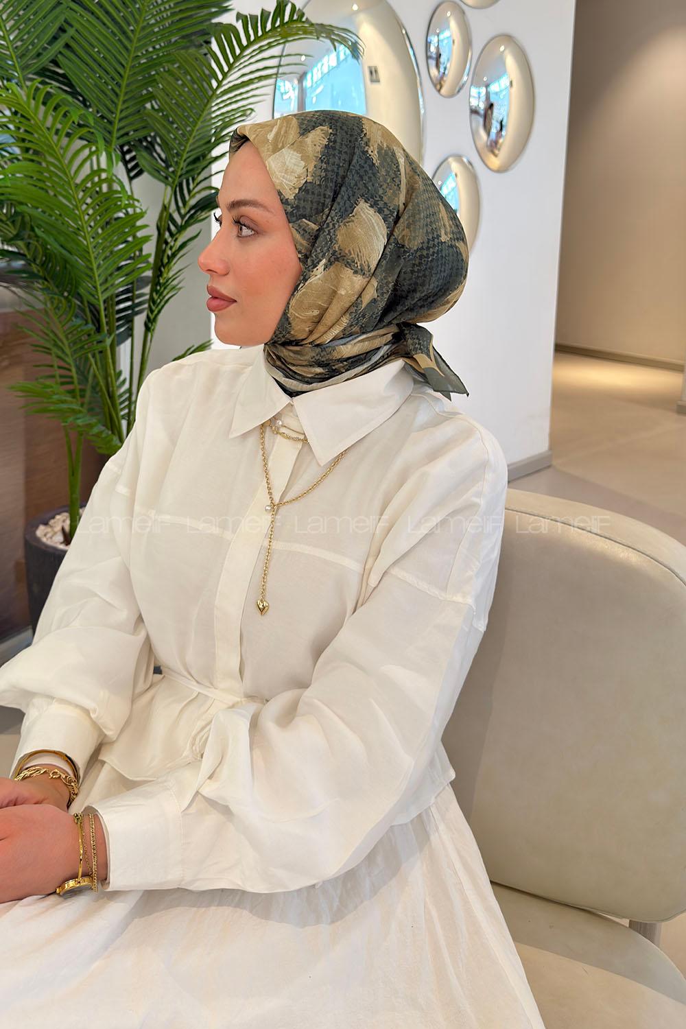 Lamelif Gül Desen Soft Eşarp Haki