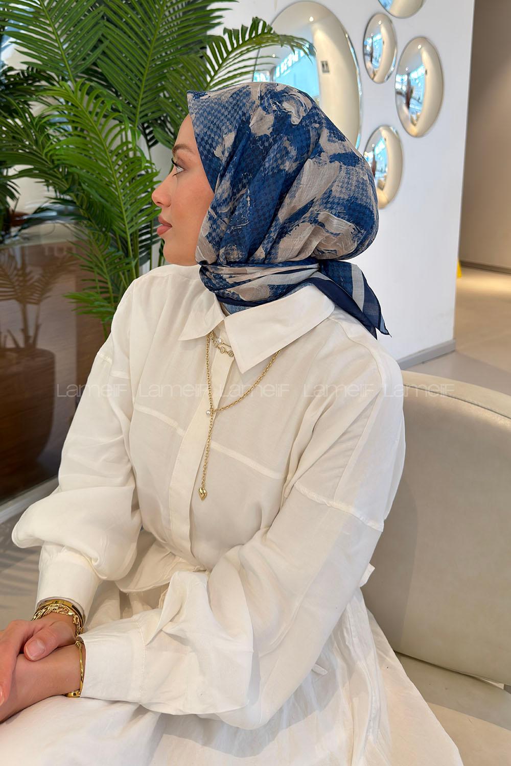 Lamelif Gül Desen Soft Eşarp Lacivert