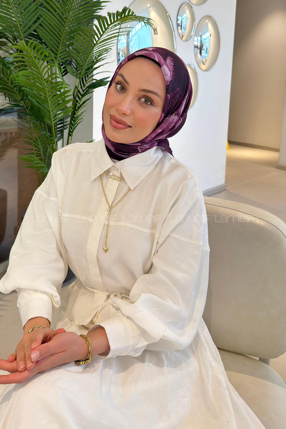 Lamelif Gül Desen Soft Eşarp Mor