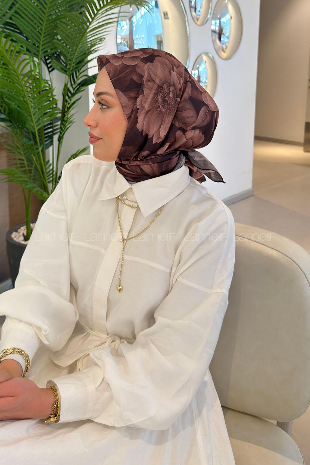 Lamelif Lotus Desen Soft Eşarp Koyu Kahve