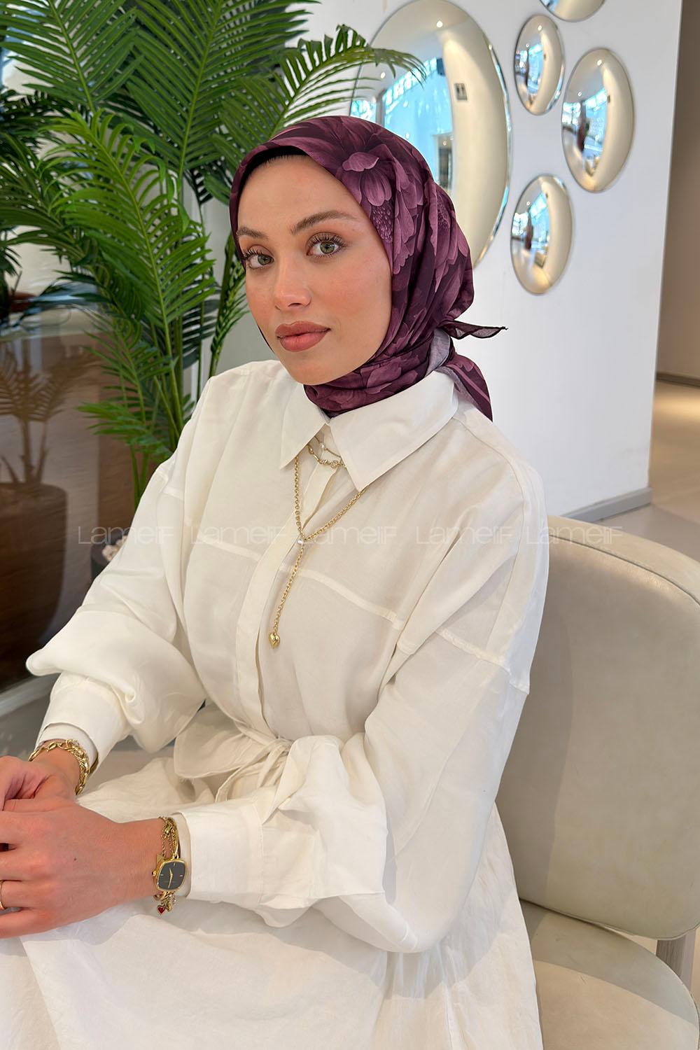 Lamelif Lotus Desen Soft Eşarp Mürdüm