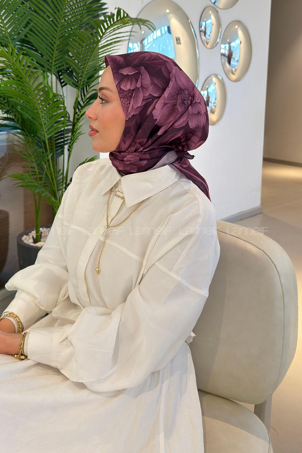 Lamelif Lotus Desen Soft Eşarp Mürdüm