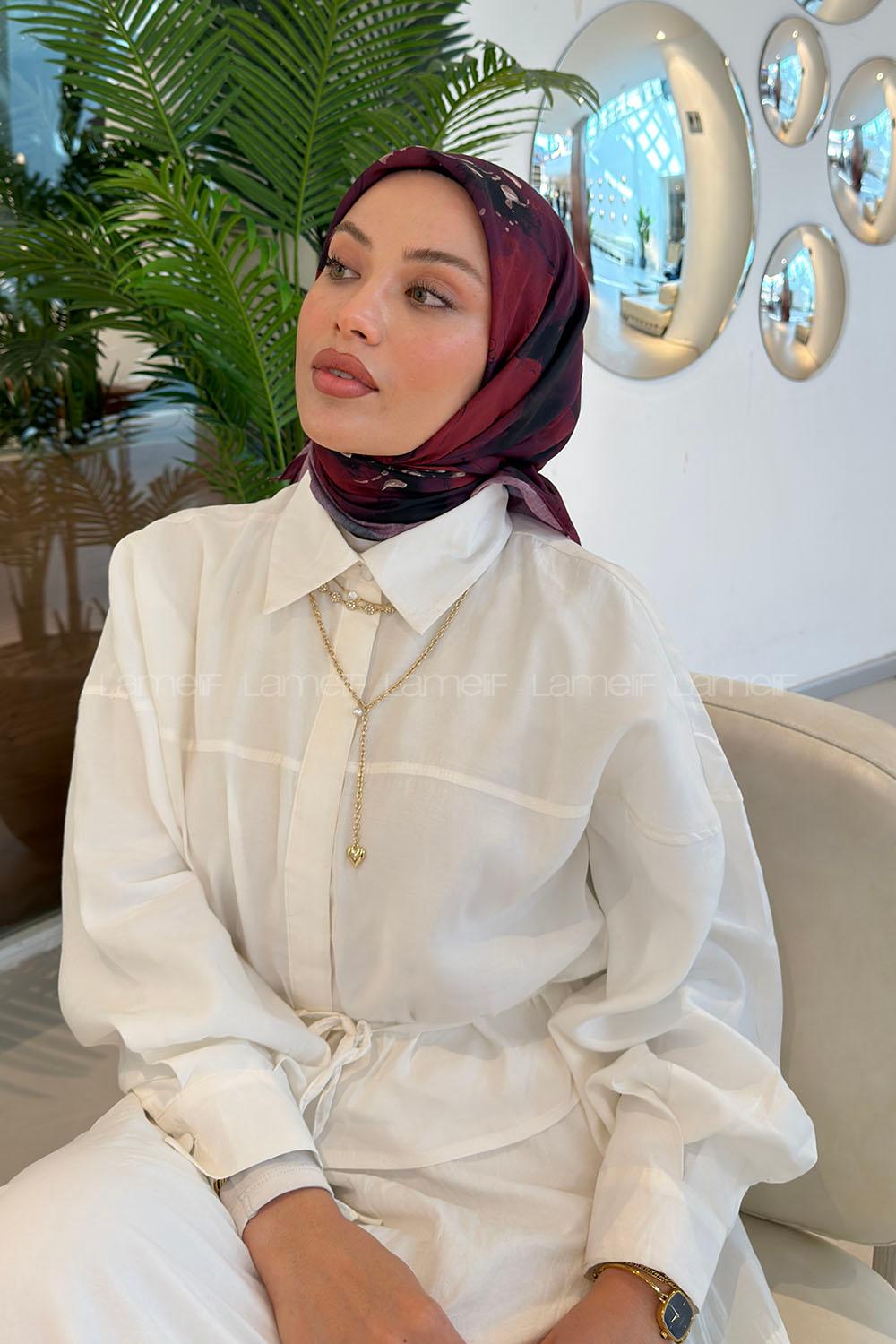Lamelif Bohem Çiçek Desen Soft Eşarp Bordo