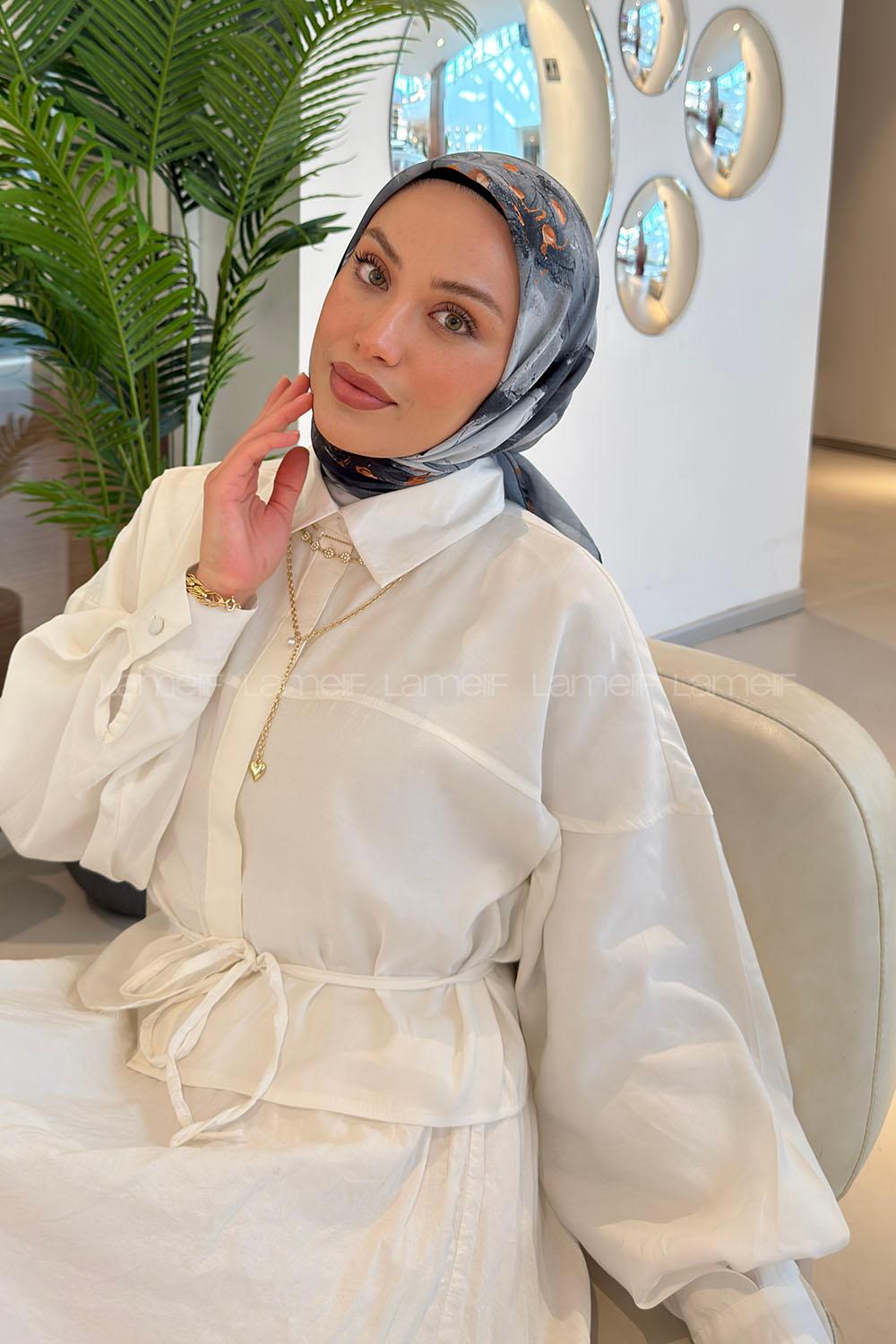 Lamelif Bohem Çiçek Desen Soft Eşarp Füme