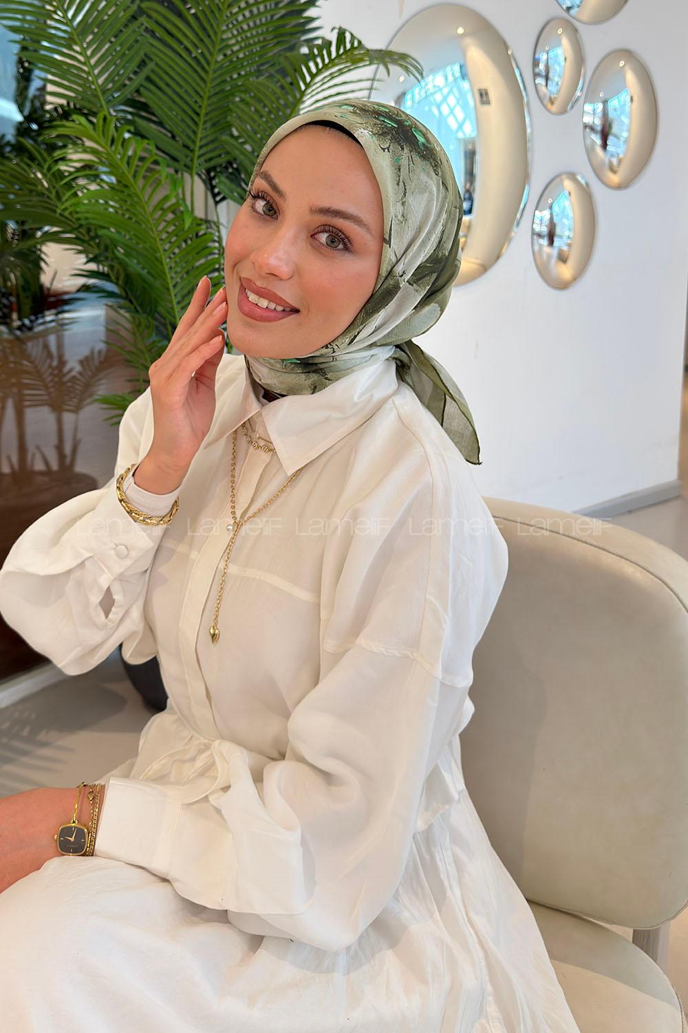 Lamelif Bohem Çiçek Desen Soft Eşarp Haki