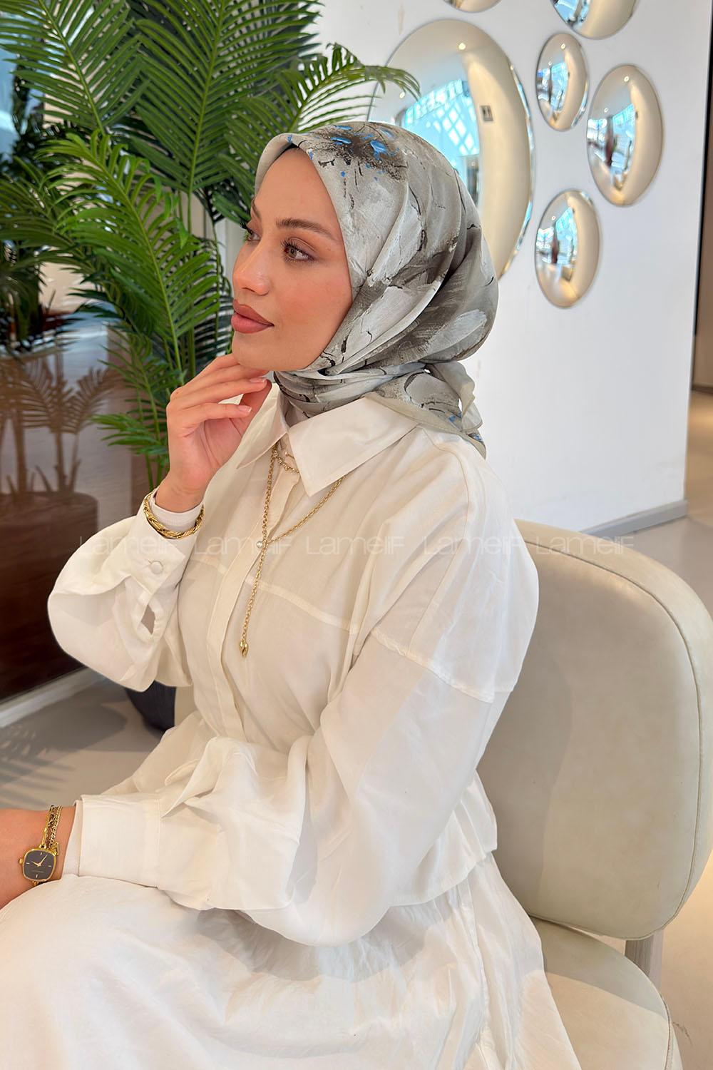 Lamelif Bohem Çiçek Desen Soft Eşarp Koyu Bej