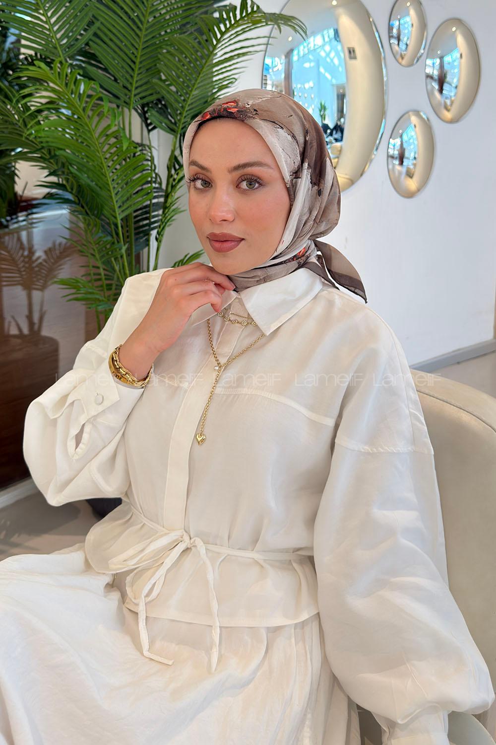 Lamelif Bohem Çiçek Desen Soft Eşarp Koyu Yeşil Vizon