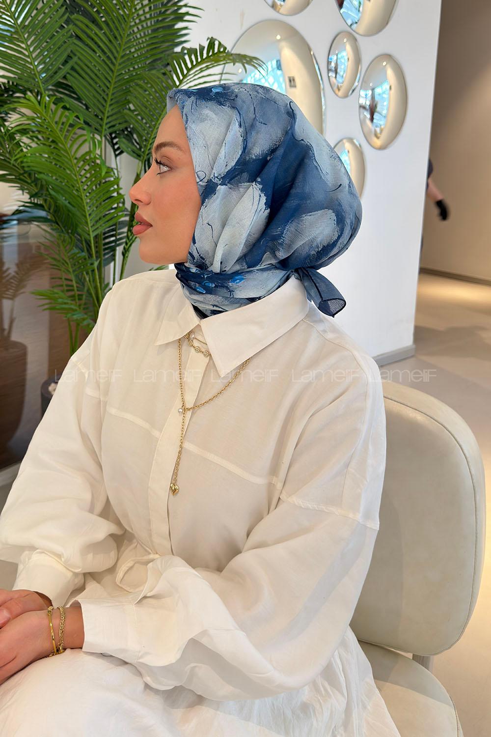 Lamelif Bohem Çiçek Desen Soft Eşarp Lacivert