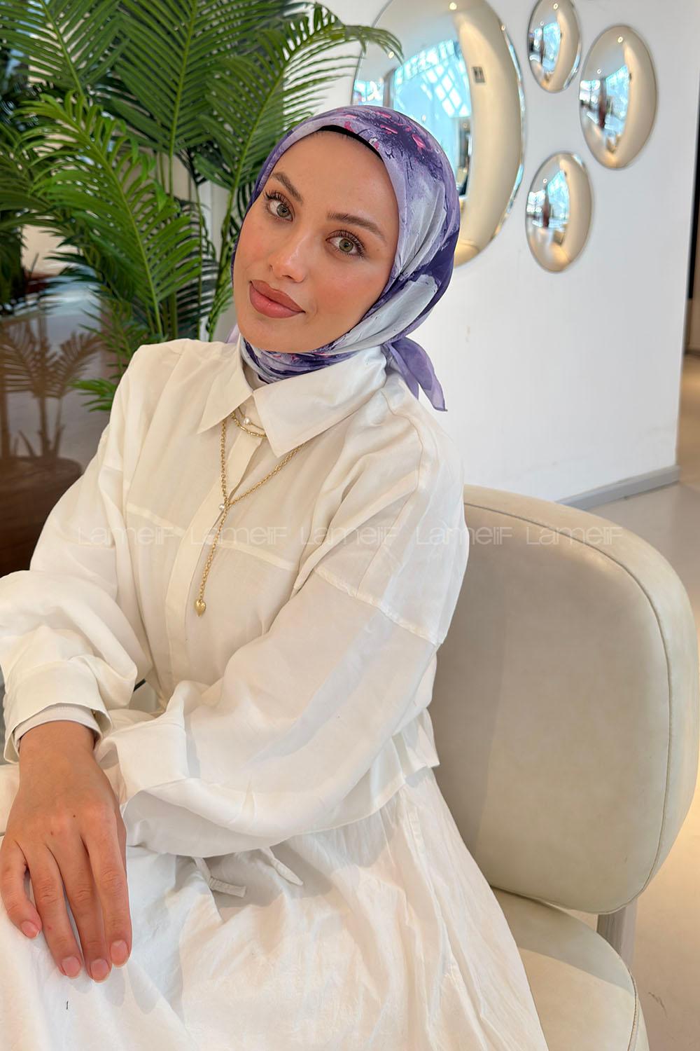 Lamelif Bohem Çiçek Desen Soft Eşarp Lila
