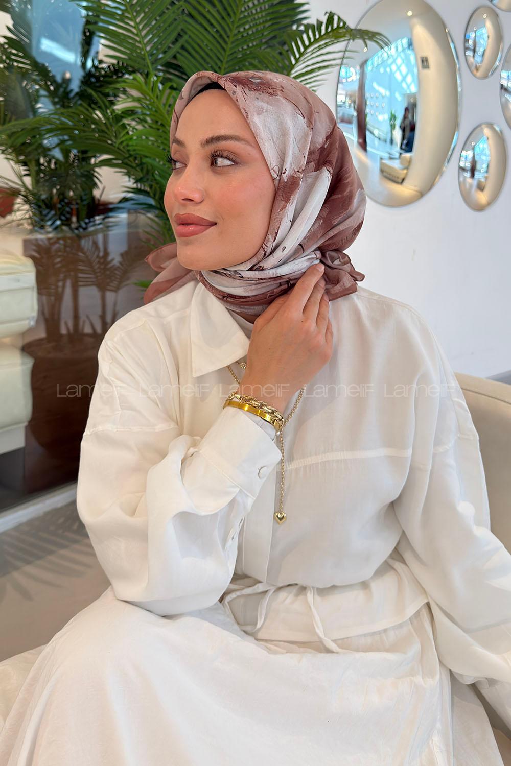 Lamelif Bohem Çiçek Desen Soft Eşarp Sütlü Kahve