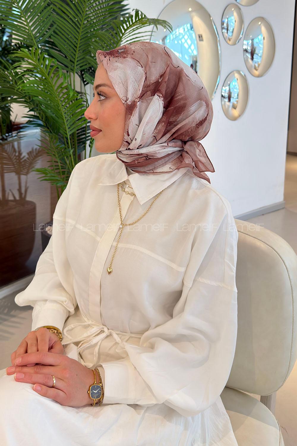 Lamelif Bohem Çiçek Desen Soft Eşarp Sütlü Kahve