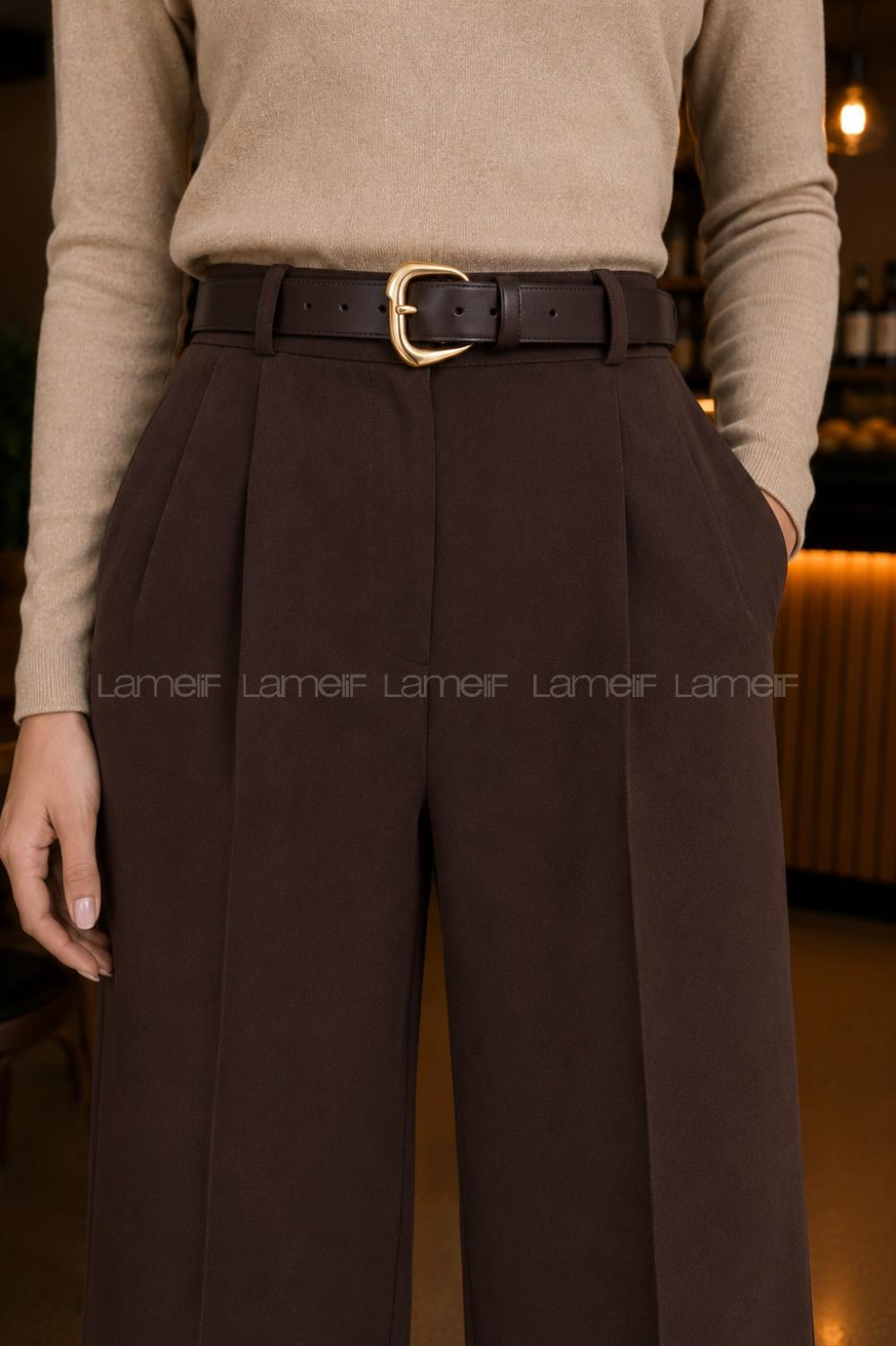 Bitter Brown Polyester High Waist Material Pants
