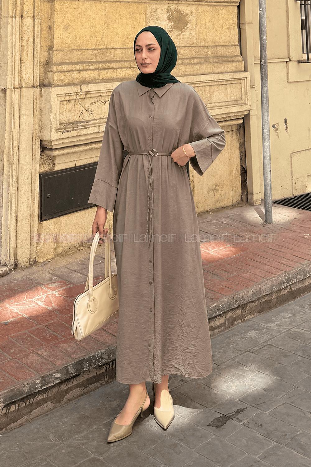 Lamelif Pat Detaylı Elbise Soft Kahve